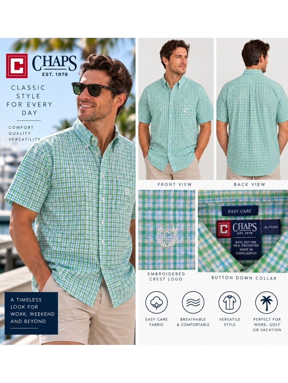 CHAPS Men’s XL Green Blue Plaid Check Short Sleeve Button Down Shirt Easy Care